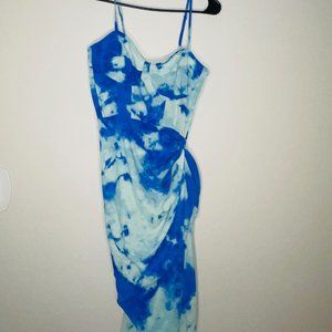 Blue Tie Dye Print Satin Ruched Skirt Corset Detail Midi Dress